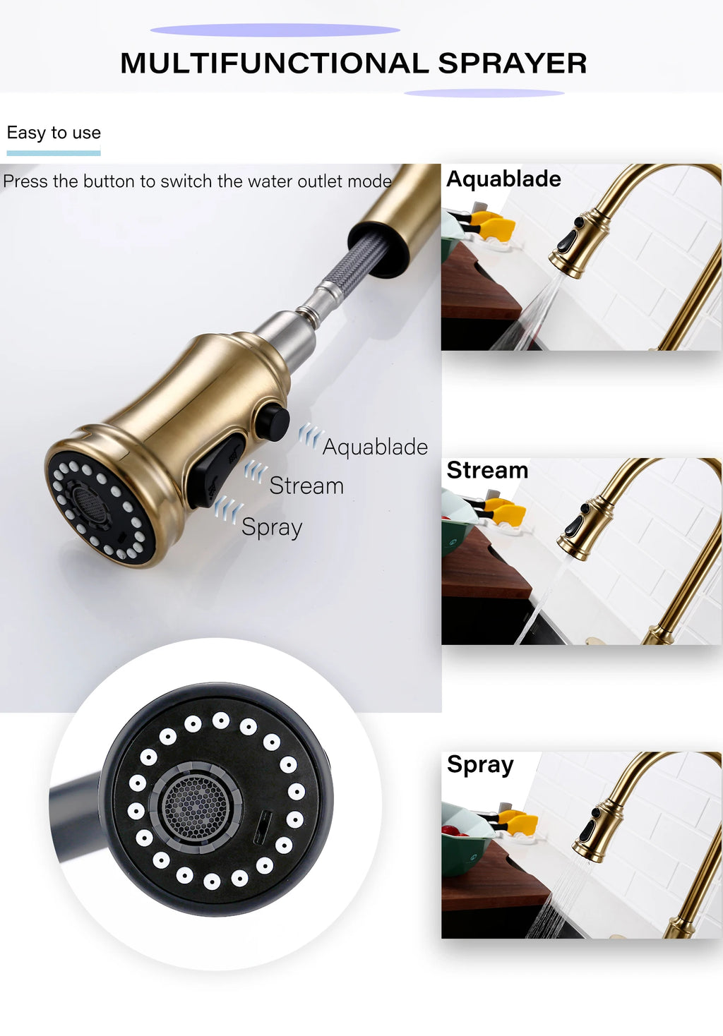 Touch Sensor Brushed Gold Brass Deck Mounted Kitchen Faucet 3 Function Single Handle Pull Out Mixer Hot and Cold Water Taps