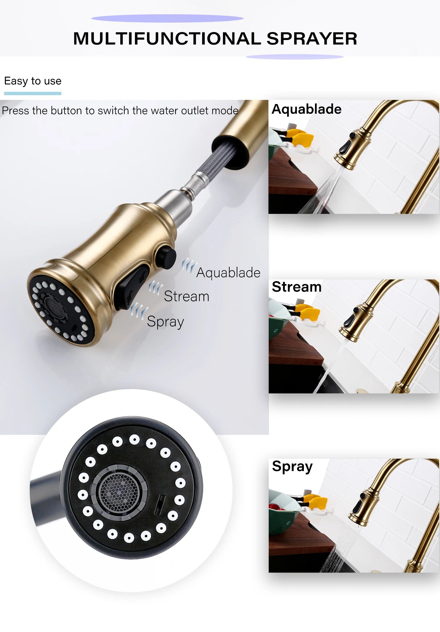 Touch Sensor Brushed Gold Brass Deck Mounted Kitchen Faucet 3 Function Single Handle Pull Out Mixer Hot and Cold Water Taps