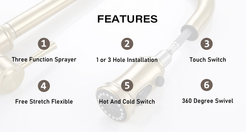 Touch Sensor Brushed Gold Brass Deck Mounted Kitchen Faucet 3 Function Single Handle Pull Out Mixer Hot and Cold Water Taps