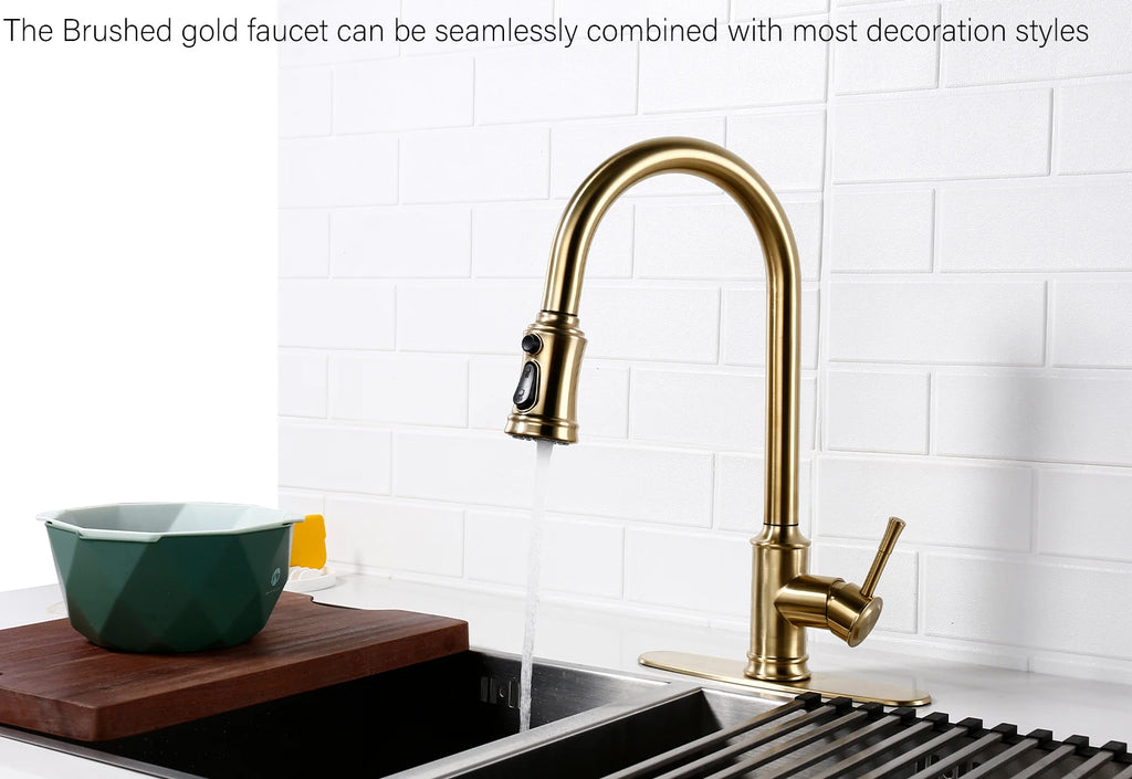 Touch Sensor Brushed Gold Brass Deck Mounted Kitchen Faucet 3 Function Single Handle Pull Out Mixer Hot and Cold Water Taps