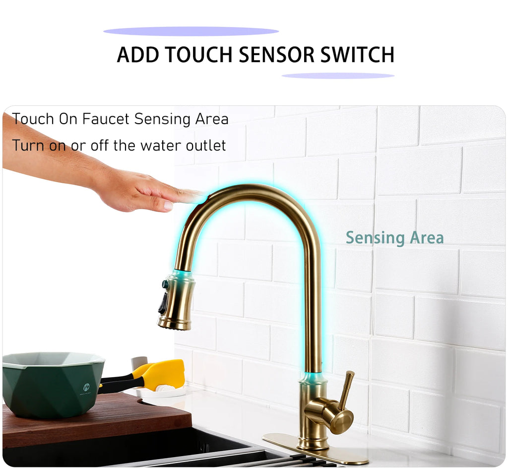Touch Sensor Brushed Gold Brass Deck Mounted Kitchen Faucet 3 Function Single Handle Pull Out Mixer Hot and Cold Water Taps