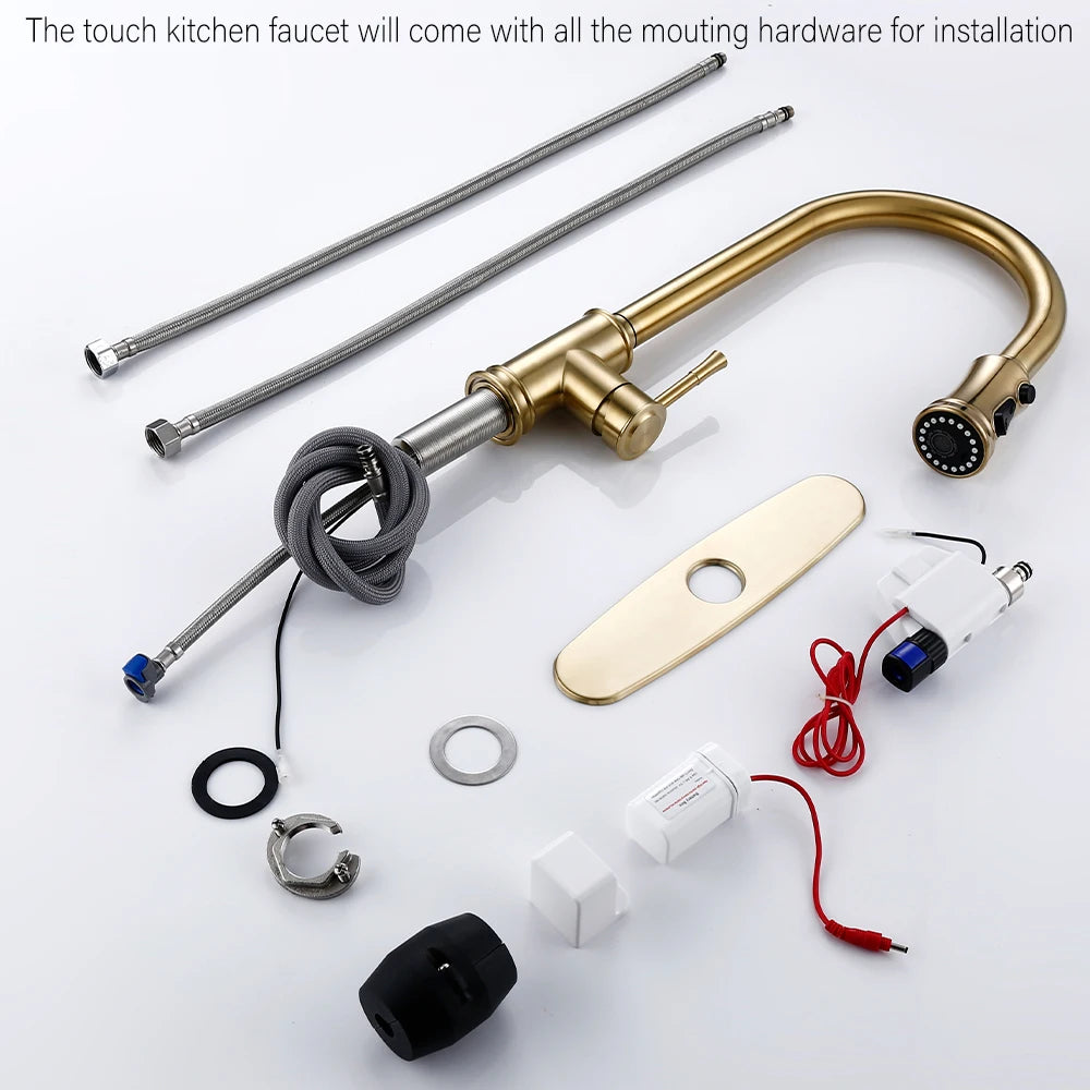 Touch Sensor Brushed Gold Brass Deck Mounted Kitchen Faucet 3 Function Single Handle Pull Out Mixer Hot and Cold Water Taps