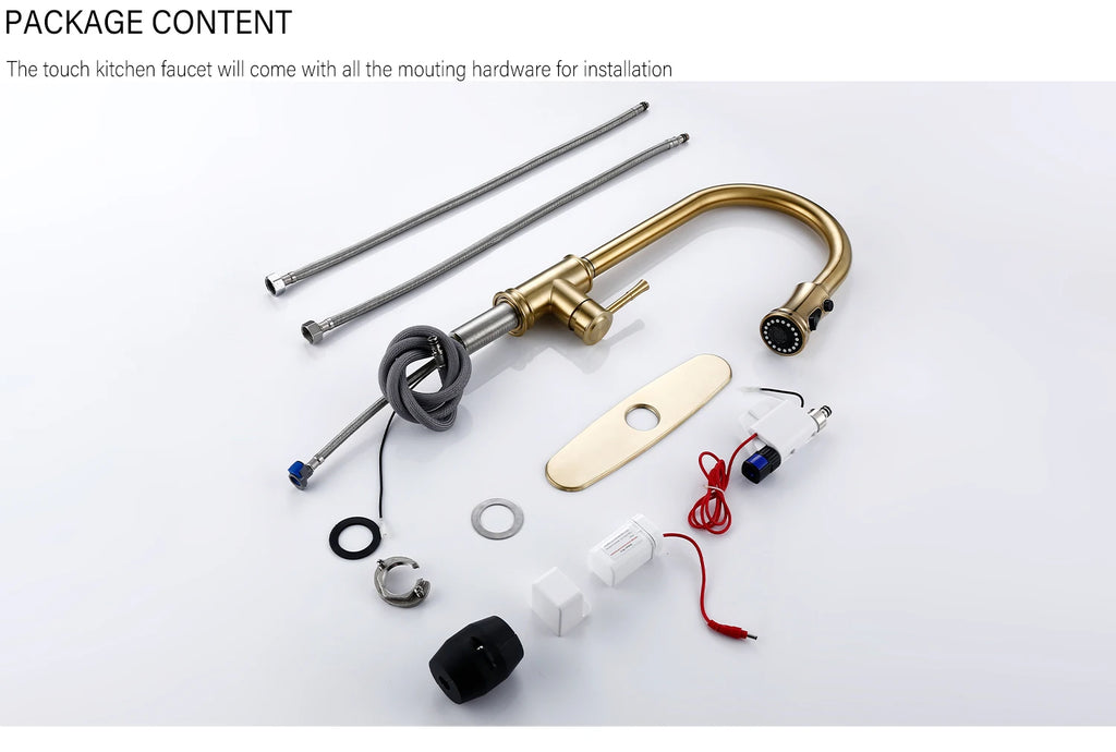 Touch Sensor Brushed Gold Brass Deck Mounted Kitchen Faucet 3 Function Single Handle Pull Out Mixer Hot and Cold Water Taps