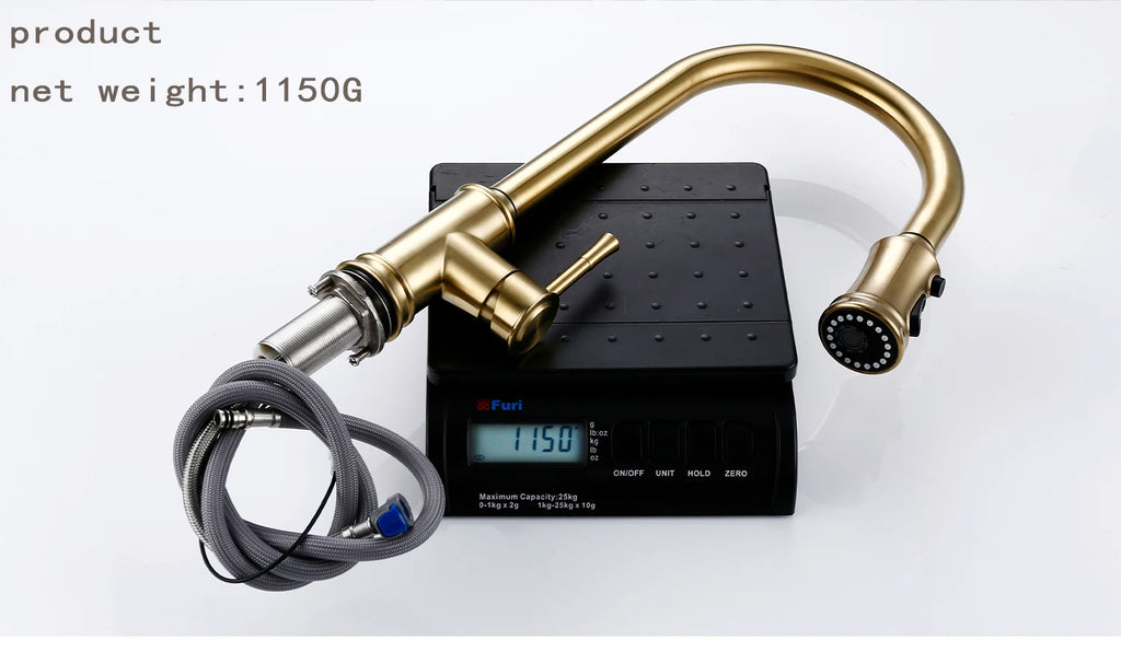 Touch Sensor Brushed Gold Brass Deck Mounted Kitchen Faucet 3 Function Single Handle Pull Out Mixer Hot and Cold Water Taps