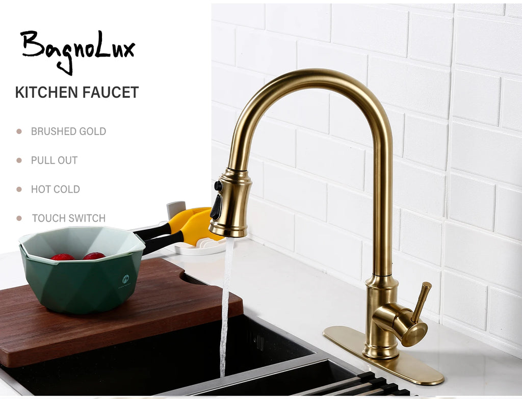 Touch Sensor Brushed Gold Brass Deck Mounted Kitchen Faucet 3 Function Single Handle Pull Out Mixer Hot and Cold Water Taps