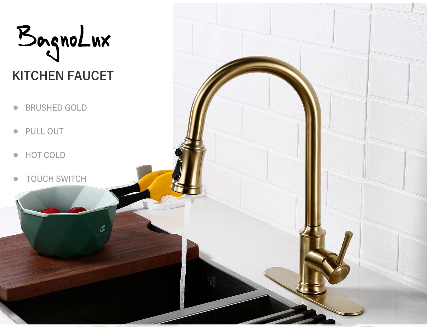 Touch Sensor Brushed Gold Brass Deck Mounted Kitchen Faucet 3 Function Single Handle Pull Out Mixer Hot and Cold Water Taps