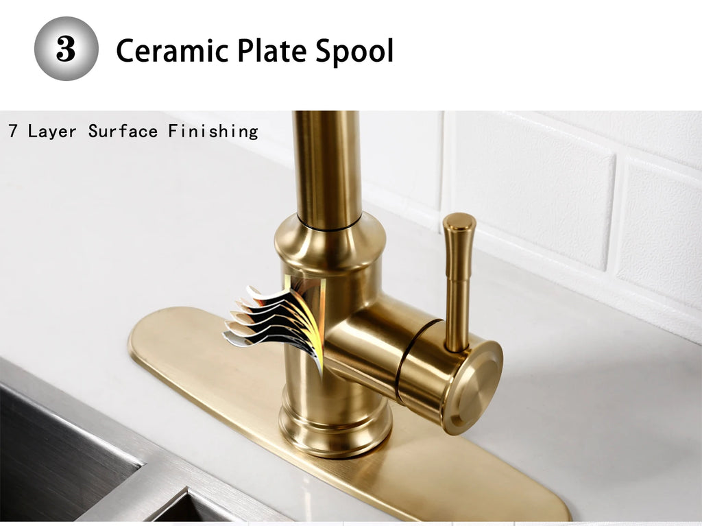 Touch Sensor Brushed Gold Brass Deck Mounted Kitchen Faucet 3 Function Single Handle Pull Out Mixer Hot and Cold Water Taps
