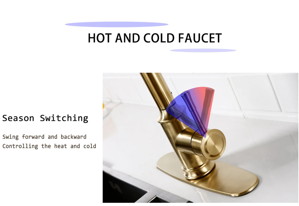 Touch Sensor Brushed Gold Brass Deck Mounted Kitchen Faucet 3 Function Single Handle Pull Out Mixer Hot and Cold Water Taps