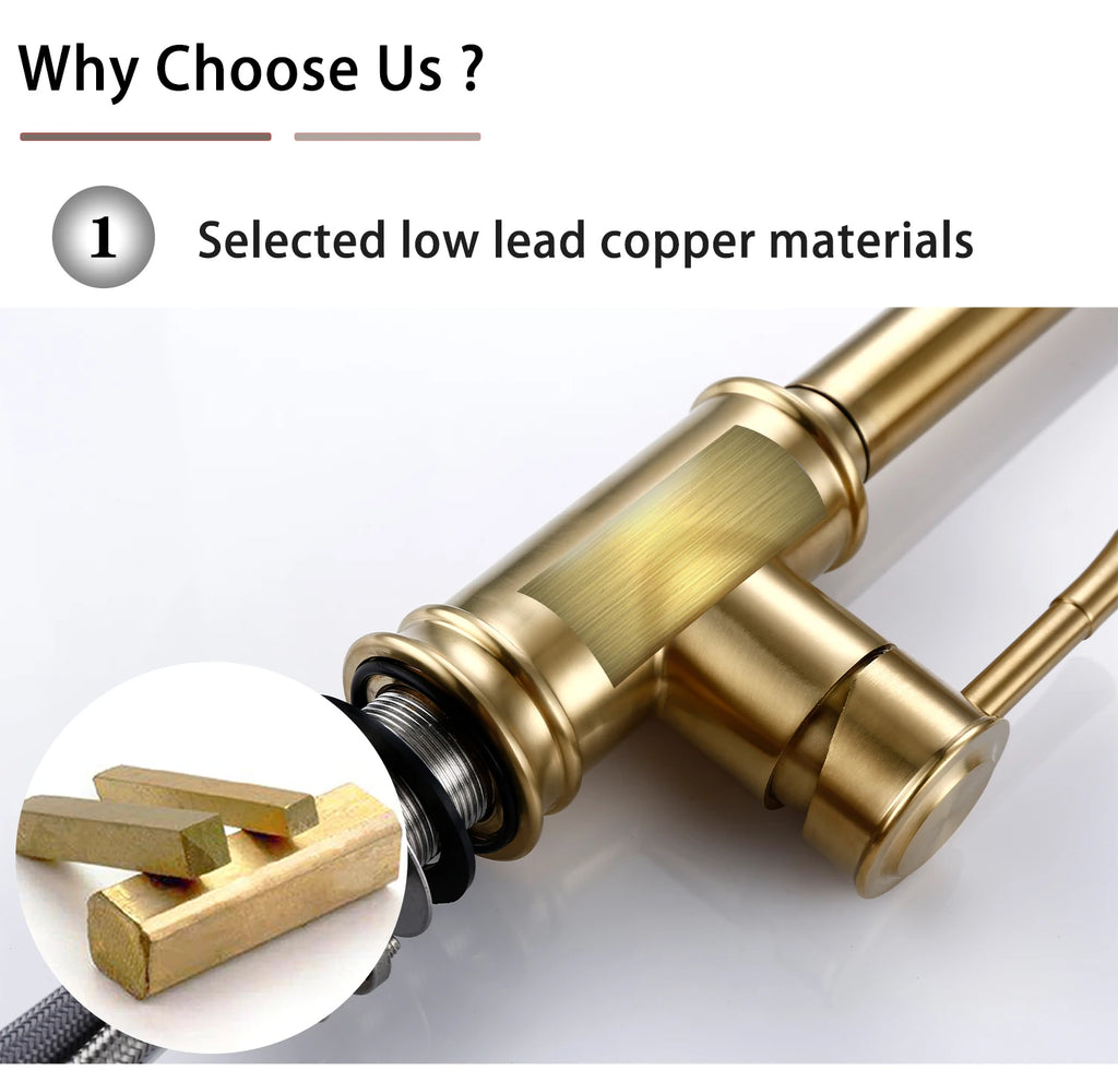 Touch Sensor Brushed Gold Brass Deck Mounted Kitchen Faucet 3 Function Single Handle Pull Out Mixer Hot and Cold Water Taps