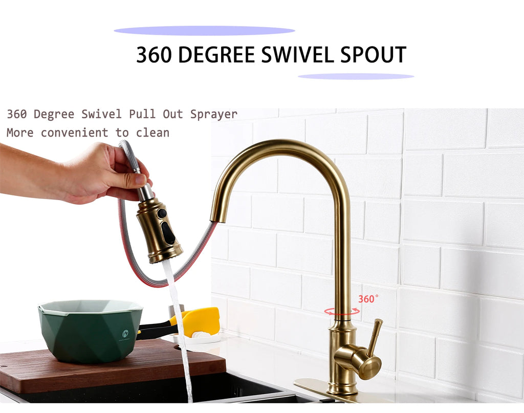 Touch Sensor Brushed Gold Brass Deck Mounted Kitchen Faucet 3 Function Single Handle Pull Out Mixer Hot and Cold Water Taps