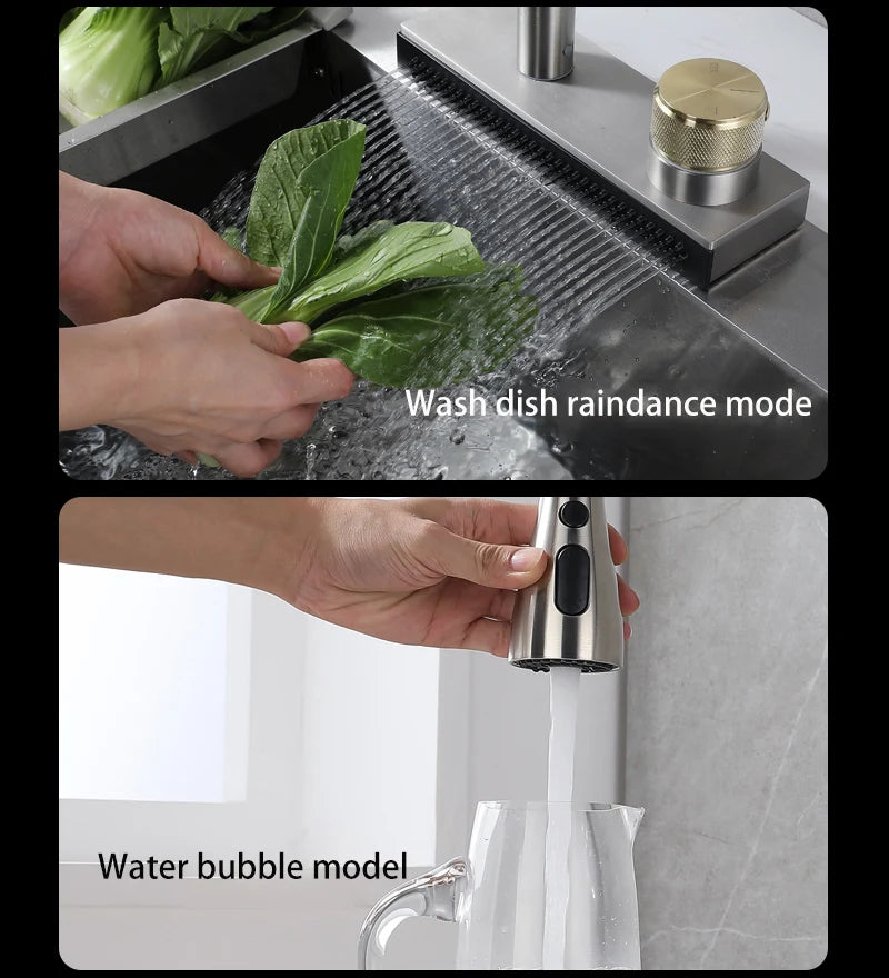 304 Stainless Steel Kitchen Waterfall Faucet Single-Hole Cold And Hot Water Faucet Can Rotate Multi-function Faucet