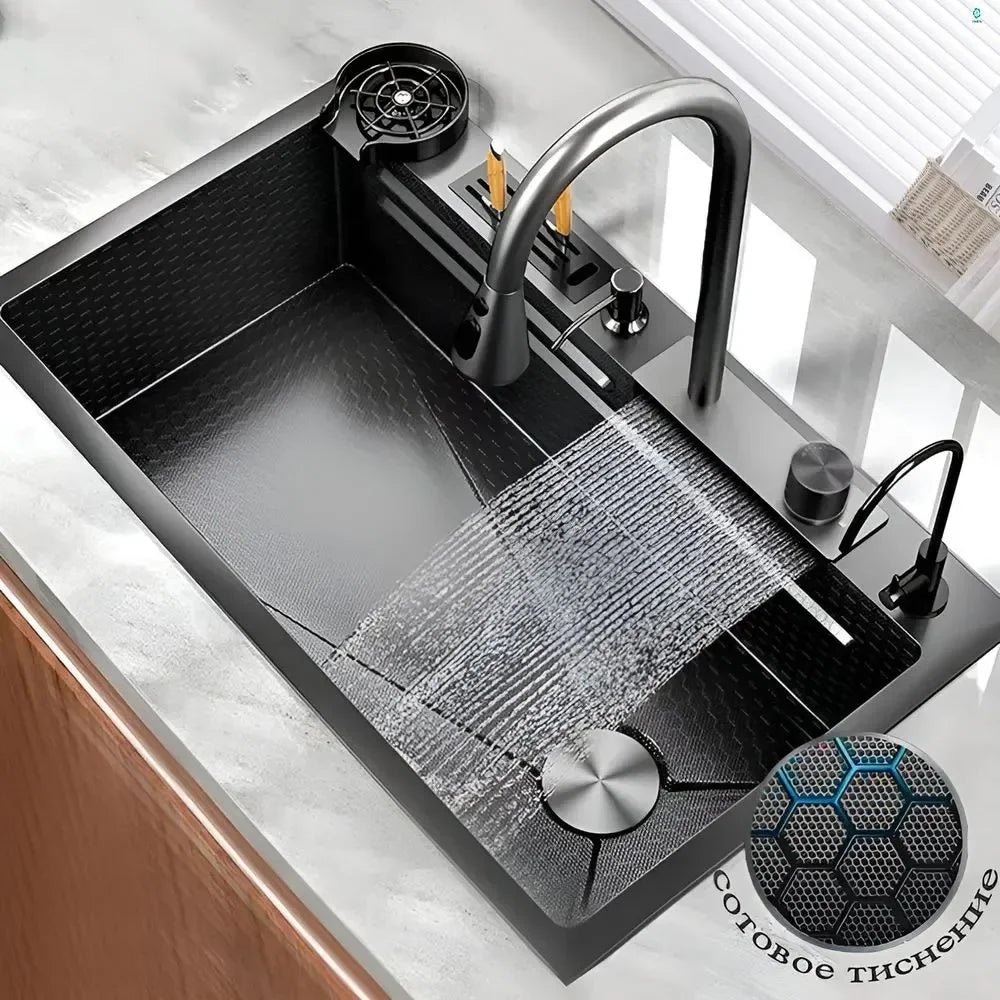Smart Sink Waterfall Brass Faucet Intelligent Stainless Steel Multifunction Large Single Wash Basin Whale Rain Sink Kitchen Sink