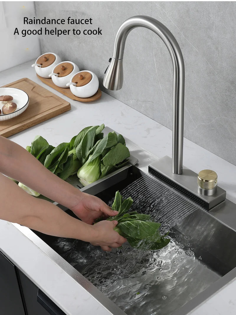 304 Stainless Steel Kitchen Waterfall Faucet Single-Hole Cold And Hot Water Faucet Can Rotate Multi-function Faucet