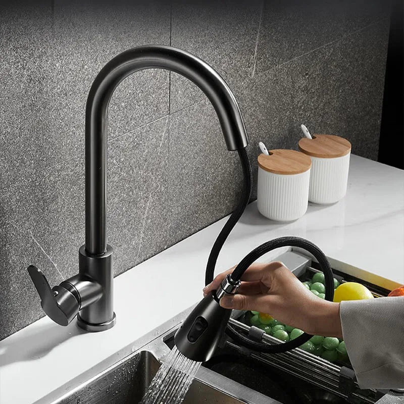 Stainless steel kitchen faucet single hole pull out spout kitchen sink mixer faucet flow spray head 360 swivel cleaning faucet