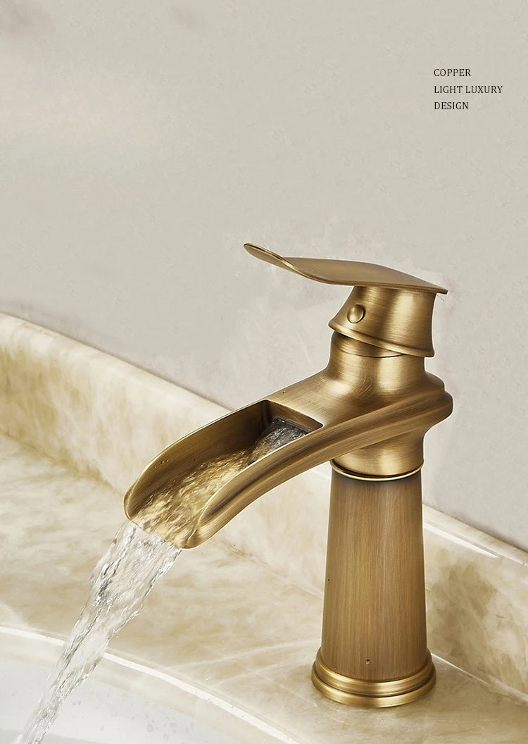 Luxury European-Style Antique Copper Waterfall Basin Faucet Home Bathroom Vanity Basin Hot & Cold Water Faucet