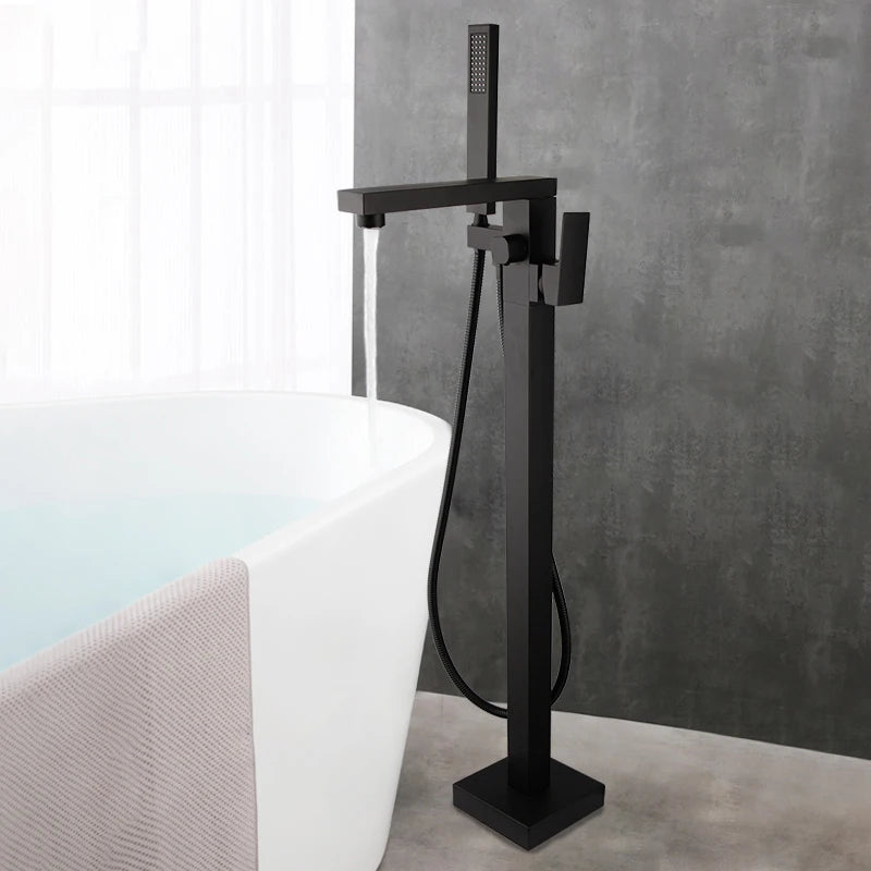 KEMAIDI Brass Freestanding Bathtub Shower Faucet Floor Tub Filler Mixer Tap 360 Degree Swivel Spout Shower Systerm Matte Black