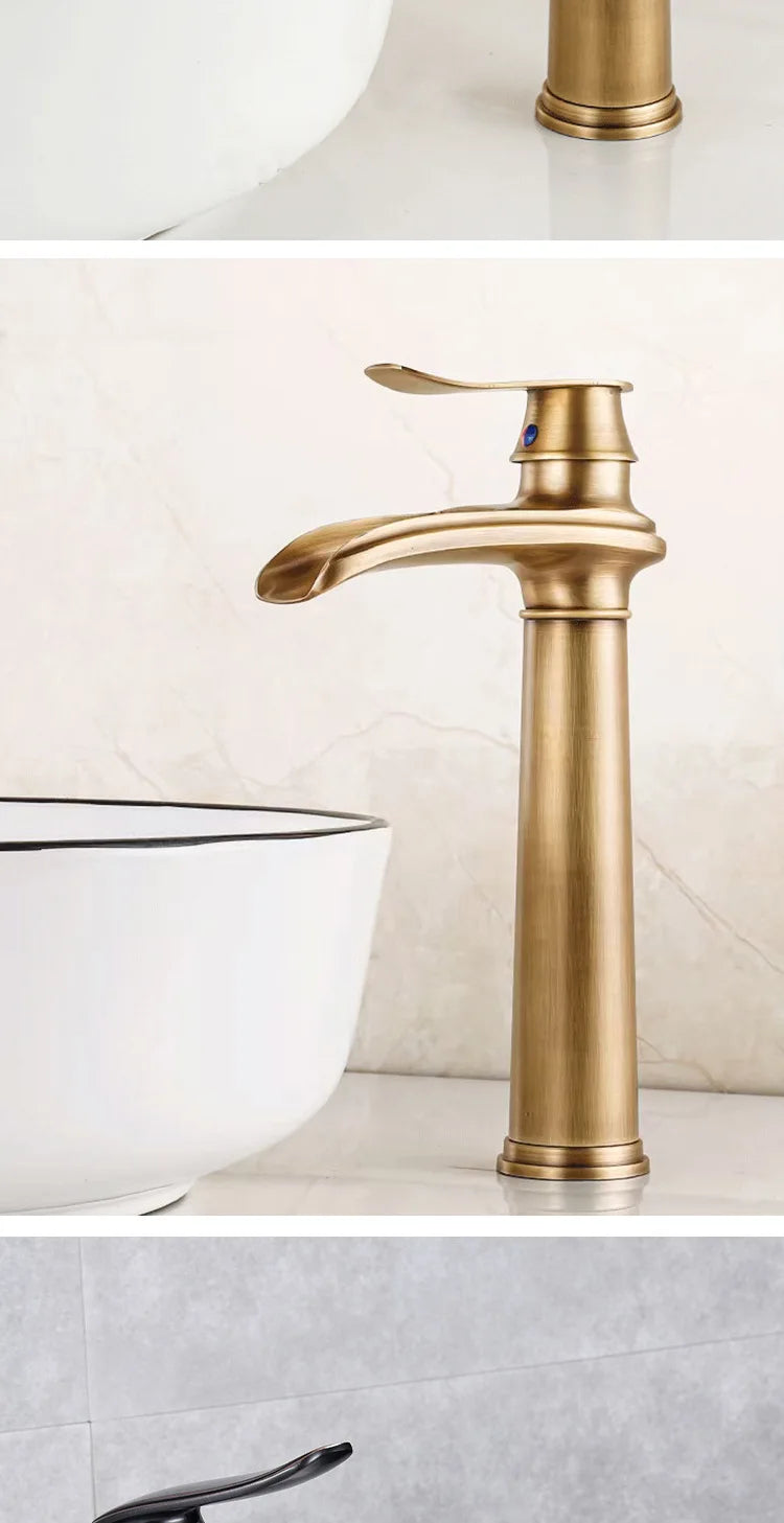 Luxury European-Style Antique Copper Waterfall Basin Faucet Home Bathroom Vanity Basin Hot & Cold Water Faucet
