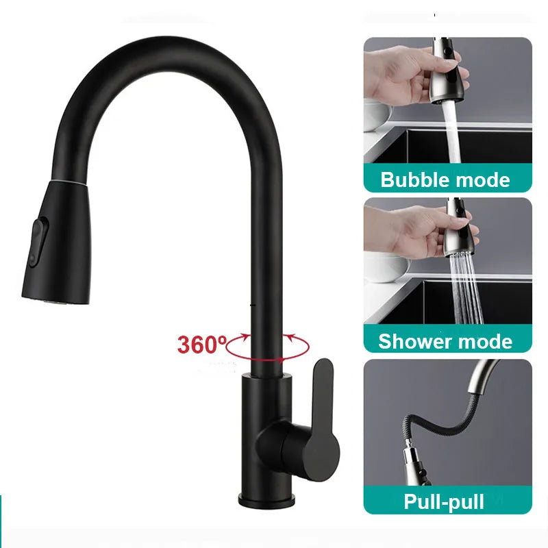 Stainless steel kitchen faucet single hole pull out spout kitchen sink mixer faucet flow spray head 360 swivel cleaning faucet