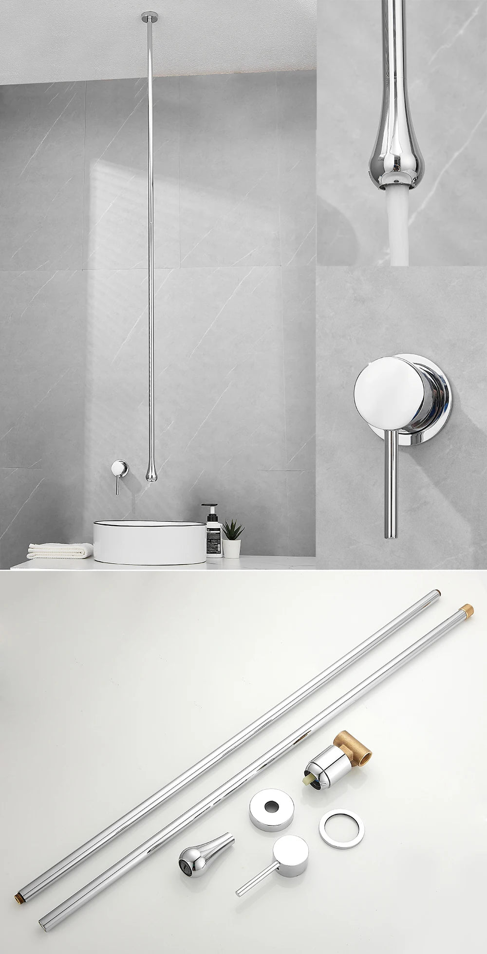 Water Drop Ceiling Mounted Bathroom Faucet Solid Brass Wall Mounted Hot Cold Water Sink Mixer Tap for Basin Bathtub