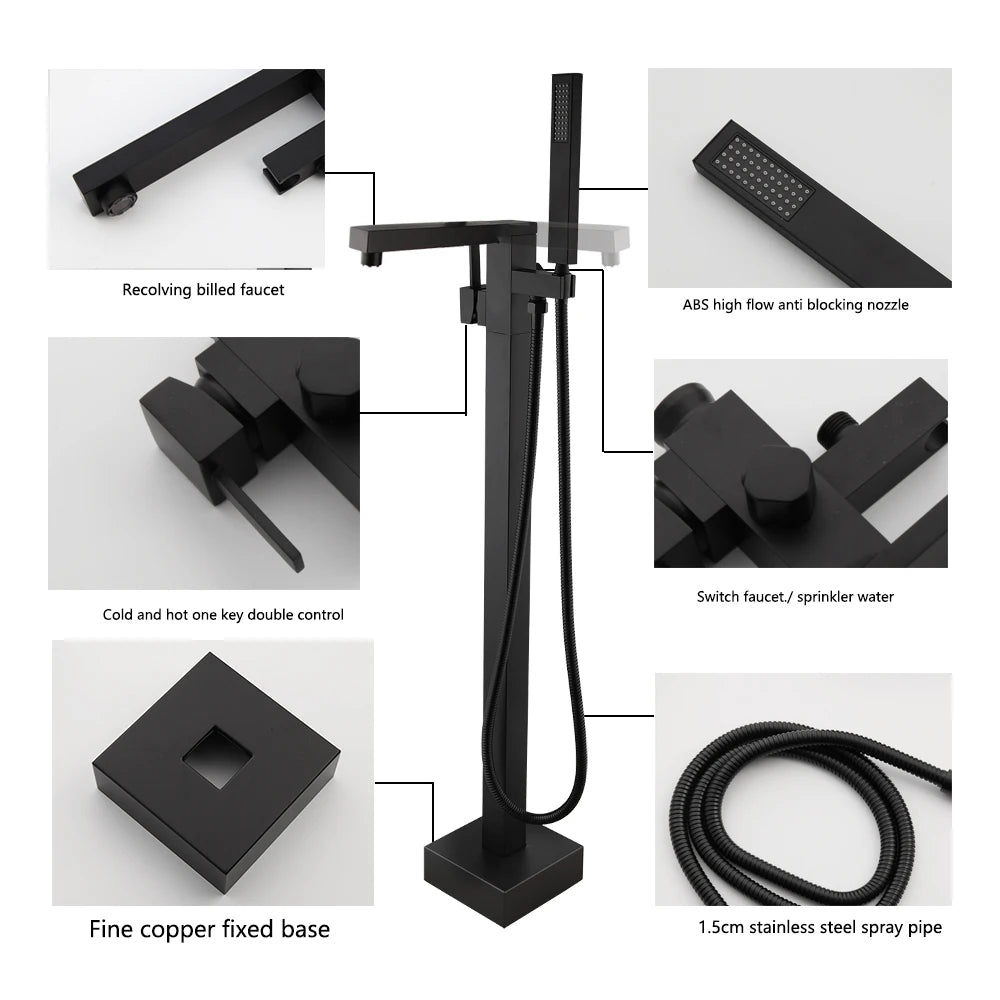 KEMAIDI Brass Freestanding Bathtub Shower Faucet Floor Tub Filler Mixer Tap 360 Degree Swivel Spout Shower Systerm Matte Black