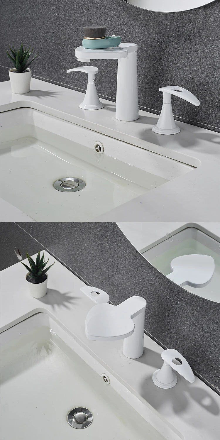 TOLM 3PCS Bathroom Bathtub Faucet Basin Faucet Deck Mounted Spa Tub Mixer Tap Cold Hot Mixer Waterfall Matte Black White Color