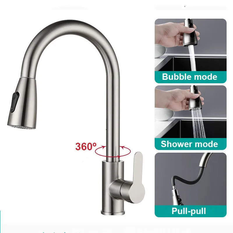 Stainless steel kitchen faucet single hole pull out spout kitchen sink mixer faucet flow spray head 360 swivel cleaning faucet