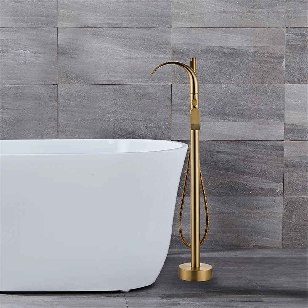 Black Bathtub Faucet Set Floor Decked Brushed Gold Brass Waterfall Bathtub Mixer Morden Style Gold Bathroom Taps