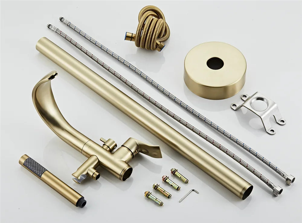 Black Bathtub Faucet Set Floor Decked Brushed Gold Brass Waterfall Bathtub Mixer Morden Style Gold Bathroom Taps