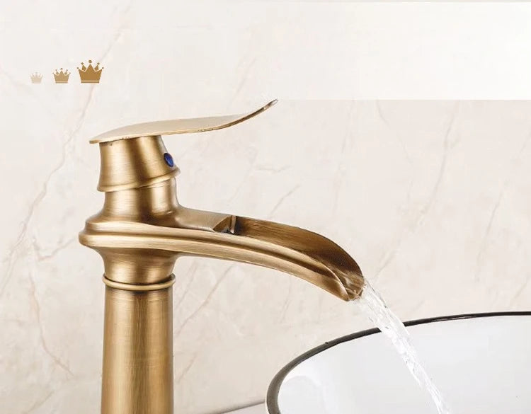 Luxury European-Style Antique Copper Waterfall Basin Faucet Home Bathroom Vanity Basin Hot & Cold Water Faucet