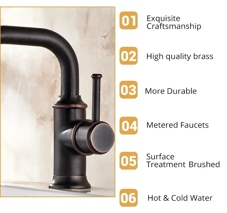 Basin Faucets Single Hole Bronze Black Crane Bathroom Faucets Hot Cold Water Mixer Tap Deck Mounted torneiras do banheiro