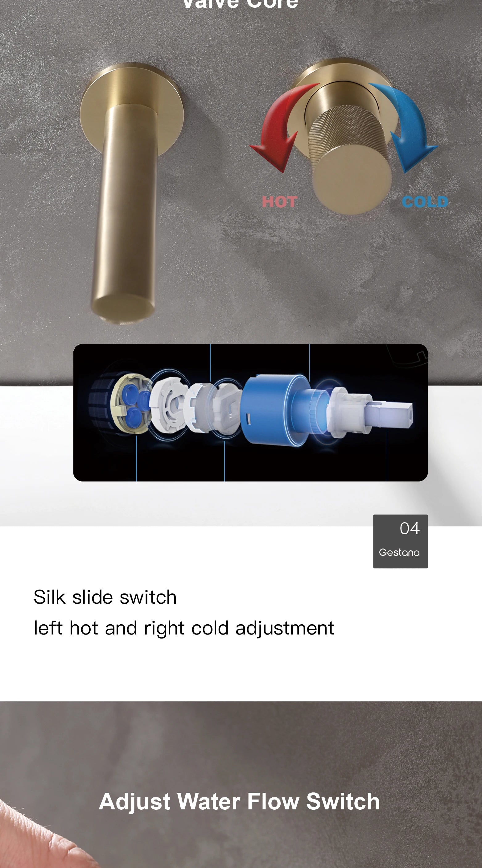 Luxury brushed gold brass wall mounted adjustable water volume bathroom faucet Embedded design for hot and cold water basin Tap