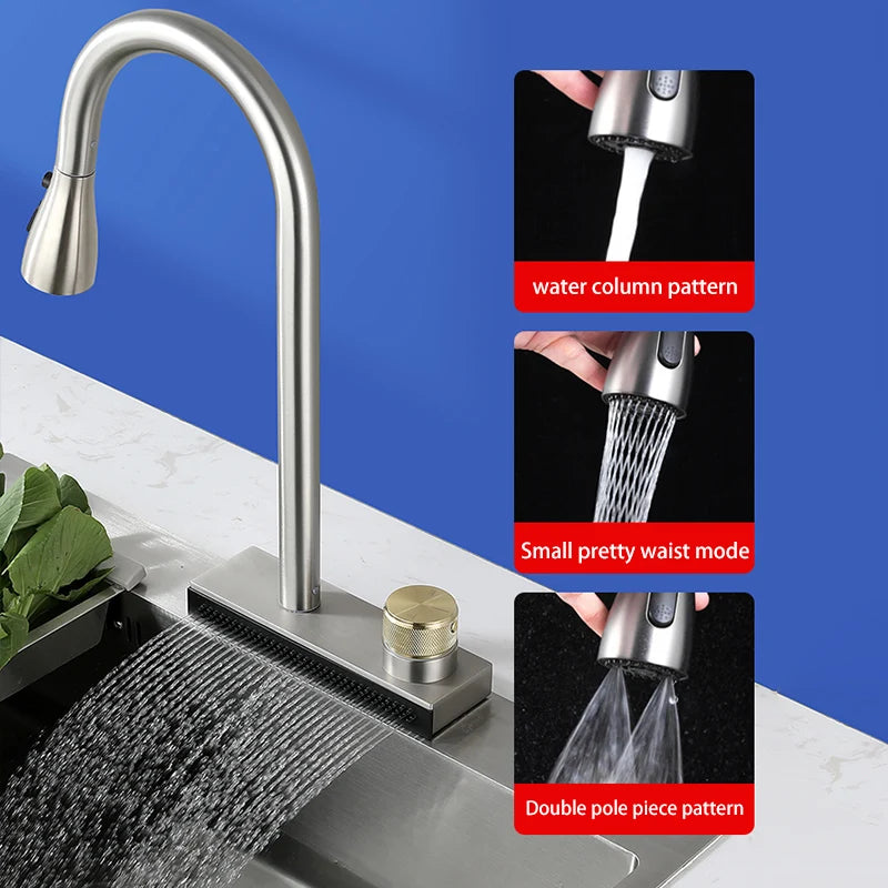 304 Stainless Steel Kitchen Waterfall Faucet Single-Hole Cold And Hot Water Faucet Can Rotate Multi-function Faucet