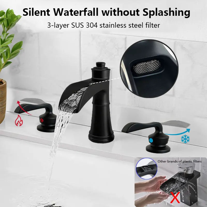 High-End Waterfall Bathroom Sink Faucet 3 Holes 2 Handle Brass Vanity Bathtub Mixer Basin Faucets Widespread Washbasin Water Tap