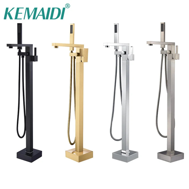 KEMAIDI Brass Freestanding Bathtub Shower Faucet Floor Tub Filler Mixer Tap 360 Degree Swivel Spout Shower Systerm Matte Black