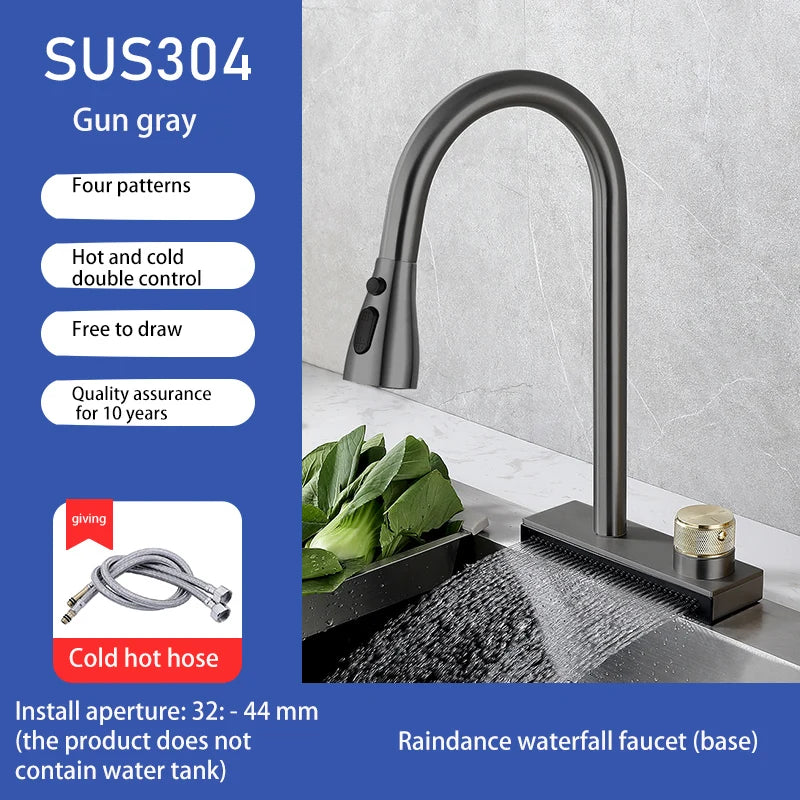 304 Stainless Steel Kitchen Waterfall Faucet Single-Hole Cold And Hot Water Faucet Can Rotate Multi-function Faucet