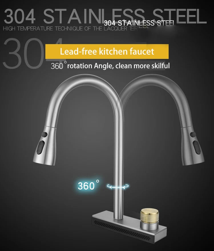 304 Stainless Steel Kitchen Waterfall Faucet Single-Hole Cold And Hot Water Faucet Can Rotate Multi-function Faucet