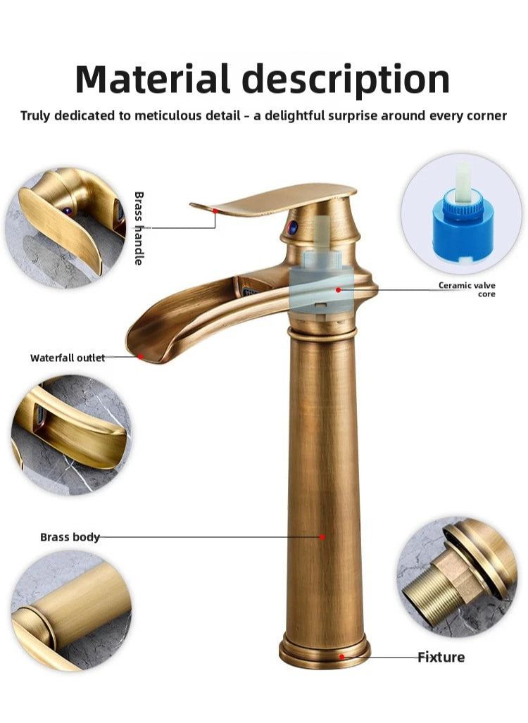 Luxury European-Style Antique Copper Waterfall Basin Faucet Home Bathroom Vanity Basin Hot & Cold Water Faucet