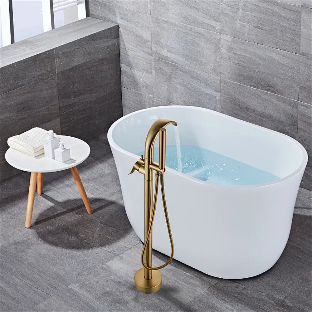 Black Bathtub Faucet Set Floor Decked Brushed Gold Brass Waterfall Bathtub Mixer Morden Style Gold Bathroom Taps