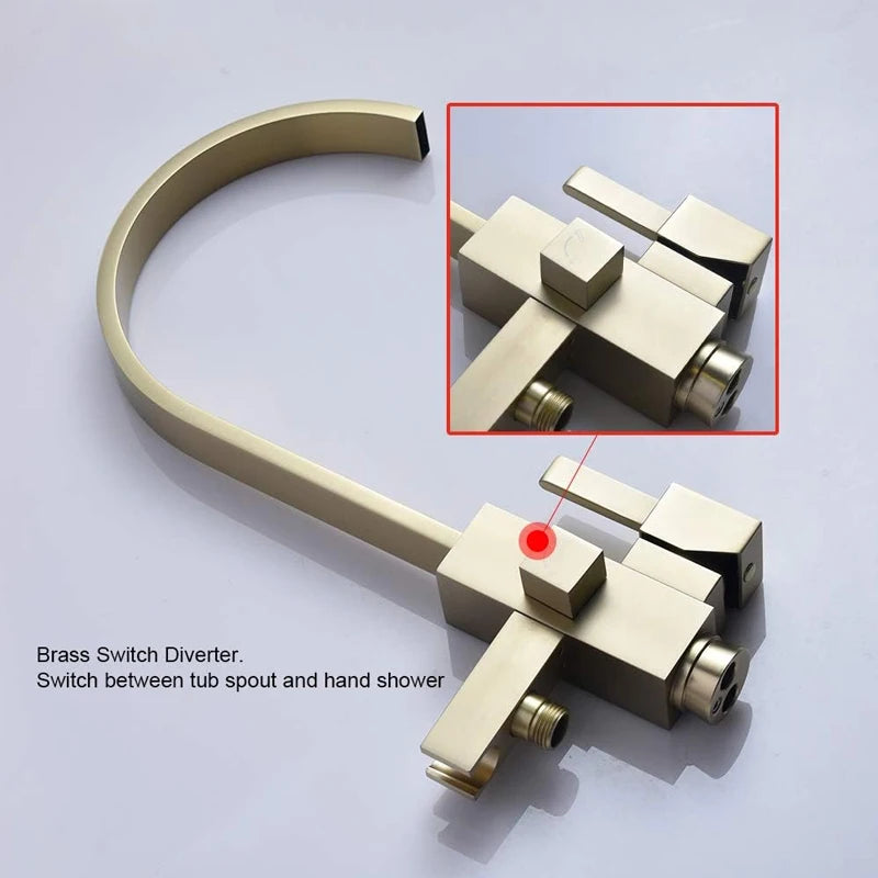Brushed Gold Floor Mounted Bathtub Faucet Shower Faucet Waterfall Spout Free Standing Tub Mixer Tap