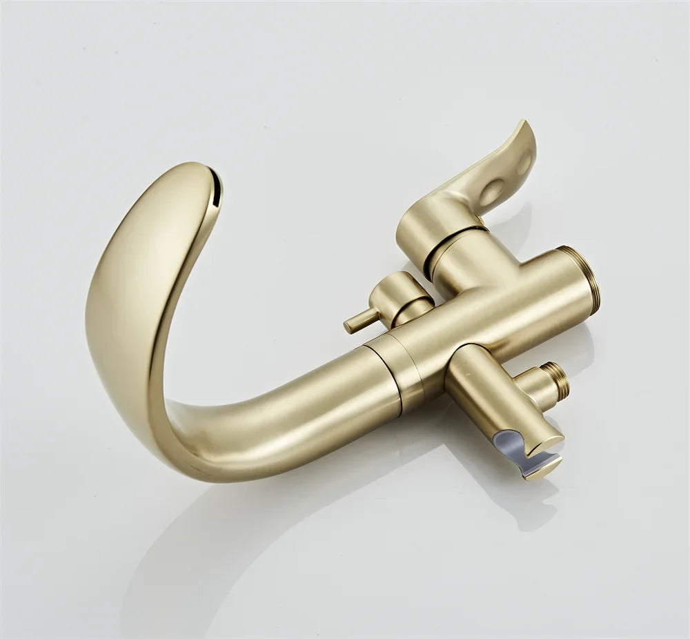 Black Bathtub Faucet Set Floor Decked Brushed Gold Brass Waterfall Bathtub Mixer Morden Style Gold Bathroom Taps