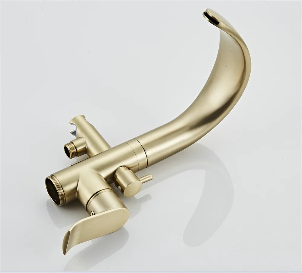 Black Bathtub Faucet Set Floor Decked Brushed Gold Brass Waterfall Bathtub Mixer Morden Style Gold Bathroom Taps