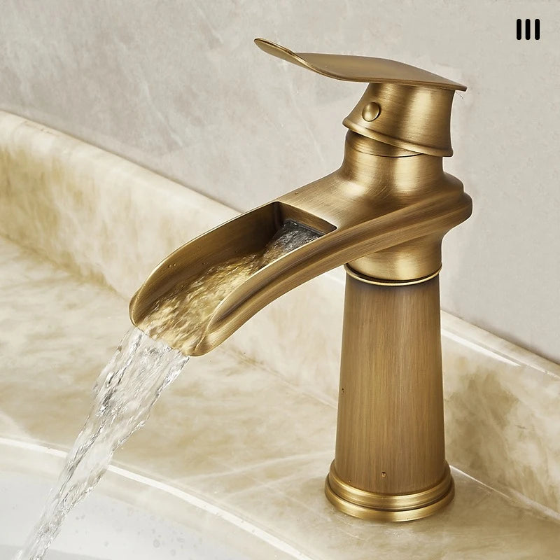 Luxury European-Style Antique Copper Waterfall Basin Faucet Home Bathroom Vanity Basin Hot & Cold Water Faucet