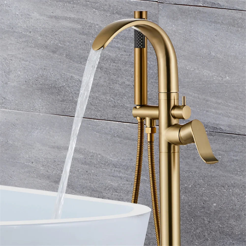Black Bathtub Faucet Set Floor Decked Brushed Gold Brass Waterfall Bathtub Mixer Morden Style Gold Bathroom Taps