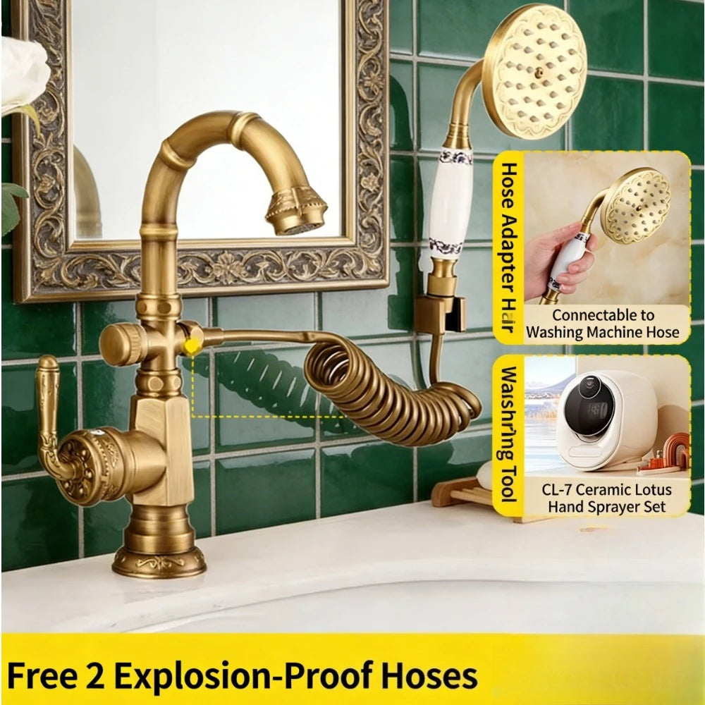 European antique hot and cold basin faucet, French brass shower nozzle,  hot and cold basin faucet