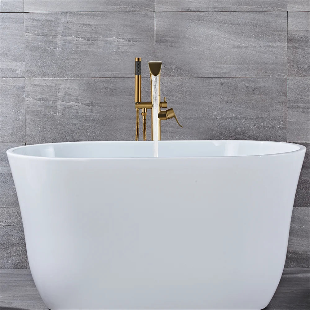 Black Bathtub Faucet Set Floor Decked Brushed Gold Brass Waterfall Bathtub Mixer Morden Style Gold Bathroom Taps