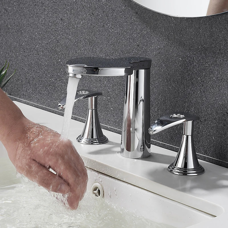 TOLM 3PCS Bathroom Bathtub Faucet Basin Faucet Deck Mounted Spa Tub Mixer Tap Cold Hot Mixer Waterfall Matte Black White Color