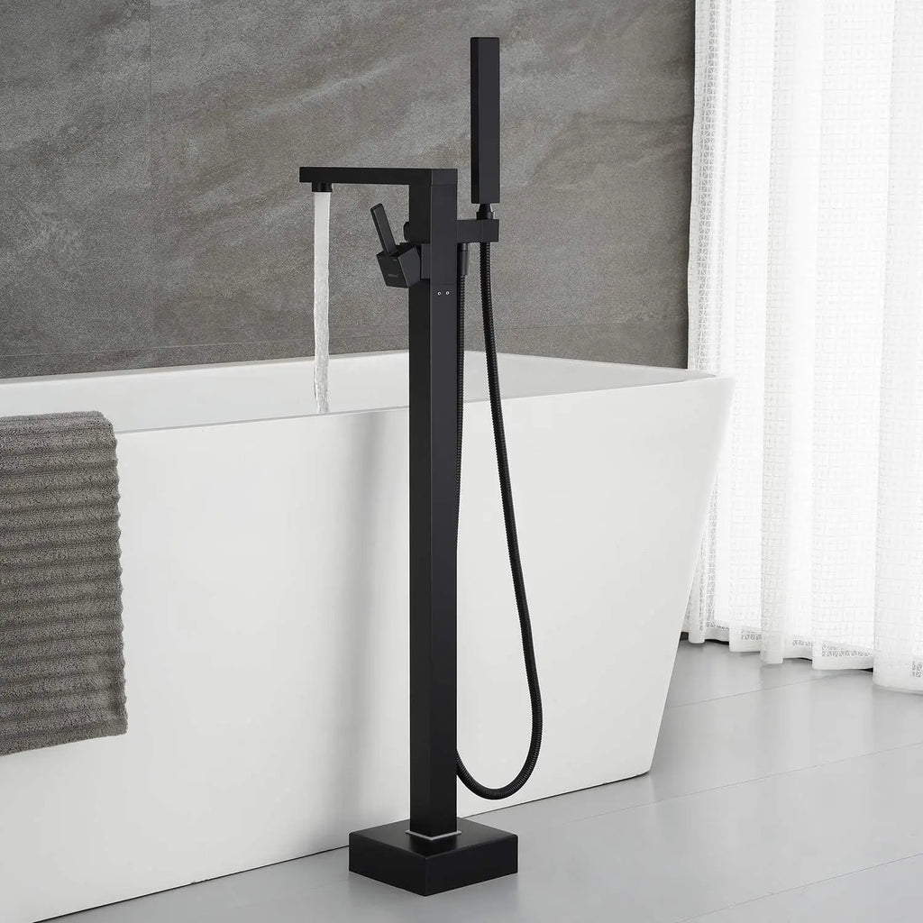 KEMAIDI Brass Freestanding Bathtub Shower Faucet Floor Tub Filler Mixer Tap 360 Degree Swivel Spout Shower Systerm Matte Black