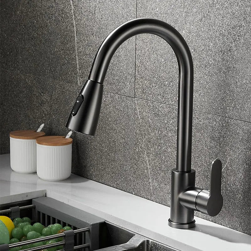Stainless steel kitchen faucet single hole pull out spout kitchen sink mixer faucet flow spray head 360 swivel cleaning faucet