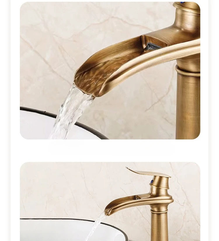 Luxury European-Style Antique Copper Waterfall Basin Faucet Home Bathroom Vanity Basin Hot & Cold Water Faucet