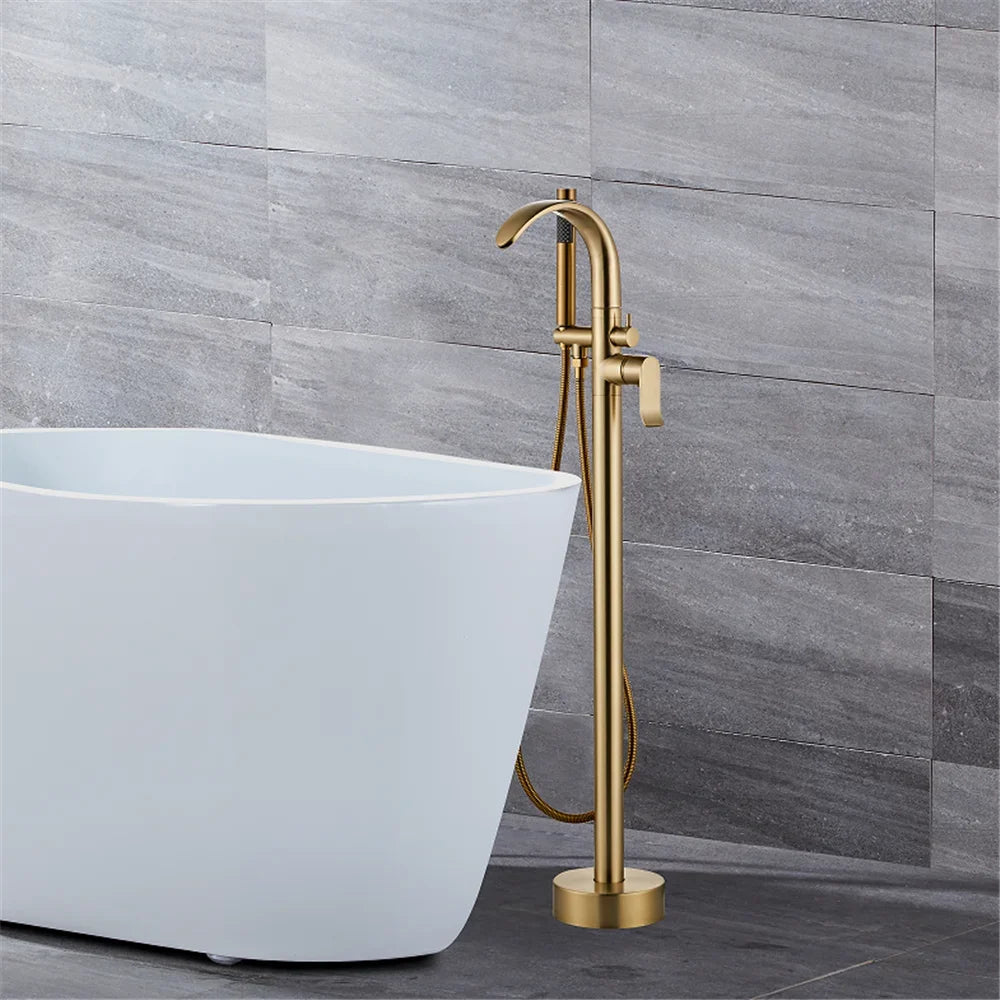 Black Bathtub Faucet Set Floor Decked Brushed Gold Brass Waterfall Bathtub Mixer Morden Style Gold Bathroom Taps